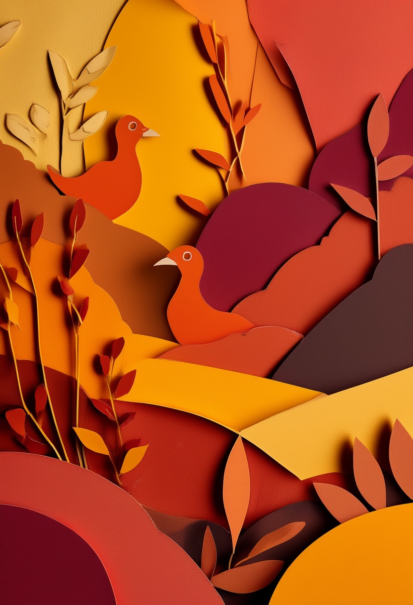 Autumn Birds in Cut-Paper Landscape — Thanksgiving cut-paper-style greeting card