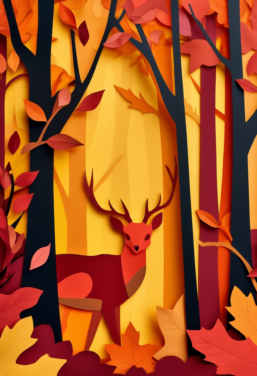 Autumn Forest Deer Silhouette — Thanksgiving cut-paper-style greeting card