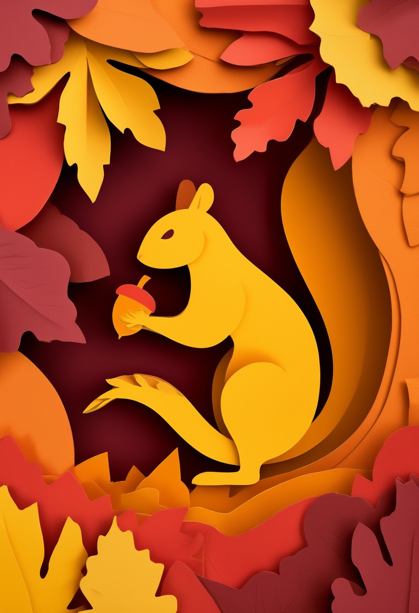 Autumn Leaf Squirrel Acorn Gathering — Thanksgiving cut-paper-style greeting card
