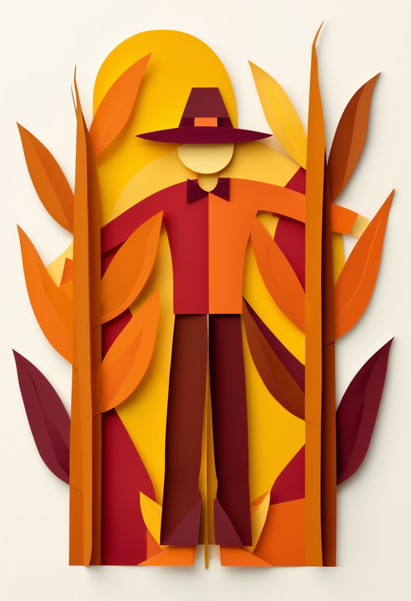 Autumn Scarecrow Harvest — Thanksgiving cut-paper-style greeting card