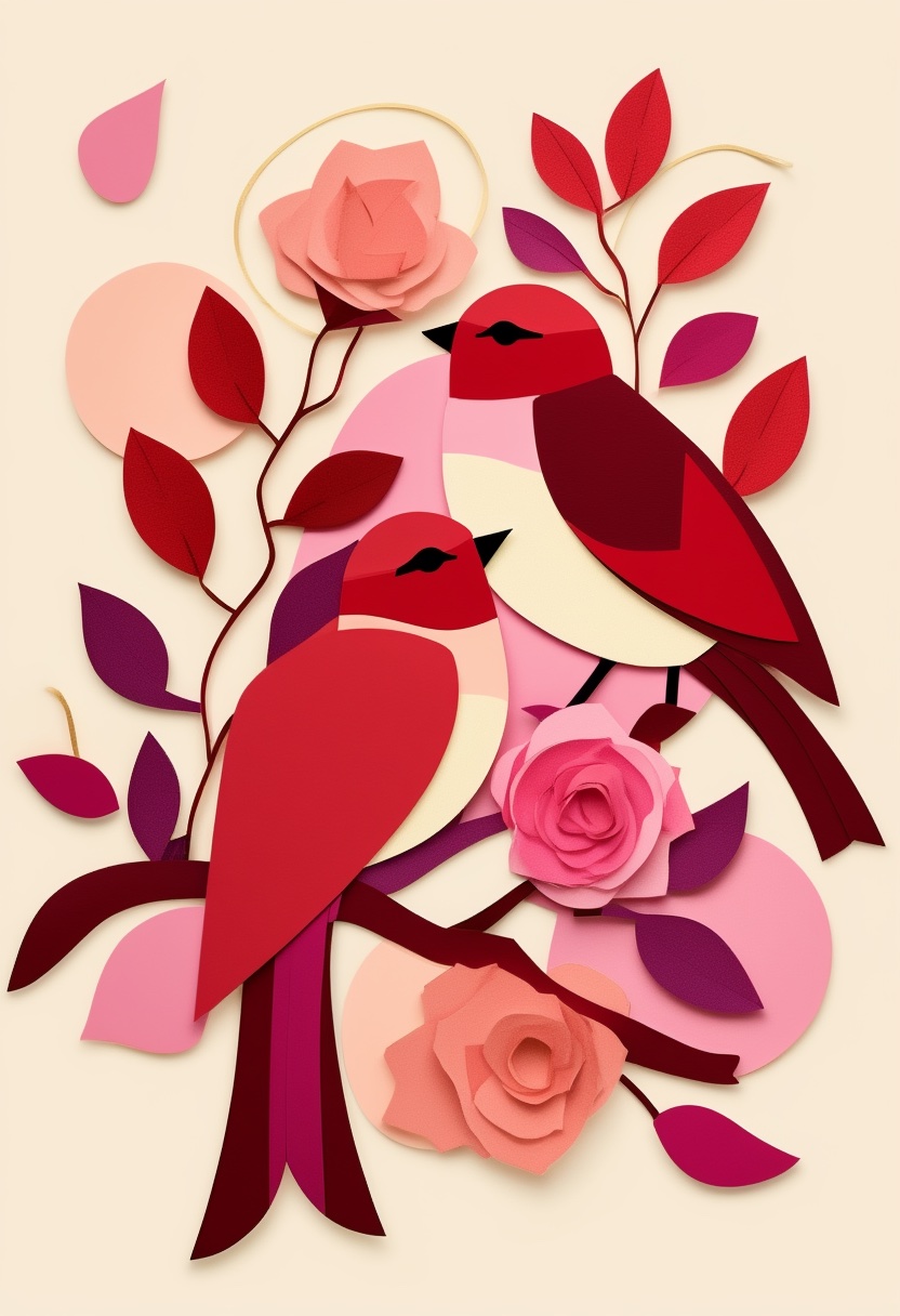 Collage of Crimson Lovebirds Amidst Blossoms