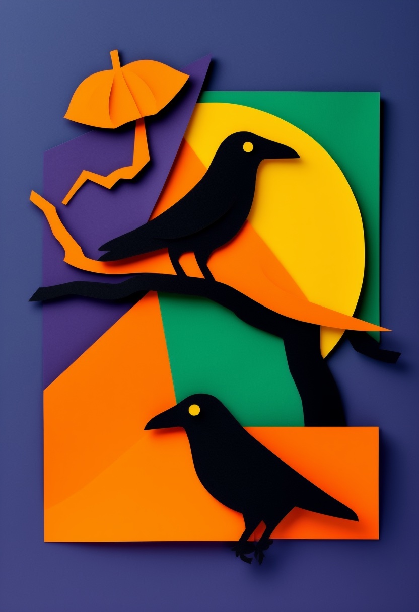 Crow Silhouettes Against Pumpkin Orange Sun — Halloween cut-paper-style greeting card