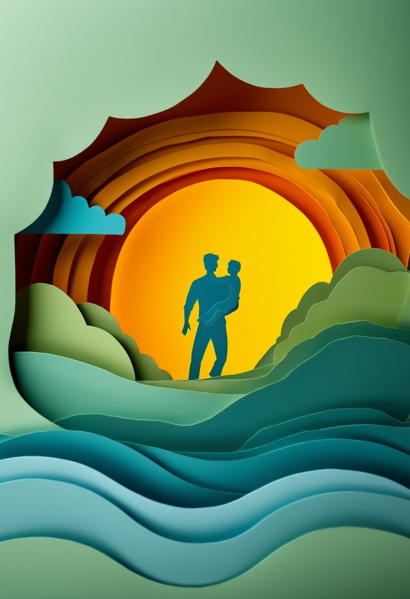 Father Son Silhouette — Father's Day cut-paper-style greeting card