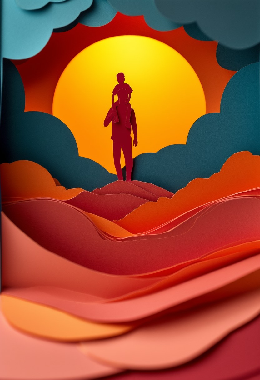 Father Son Sunset — Father's Day cut-paper-style greeting card