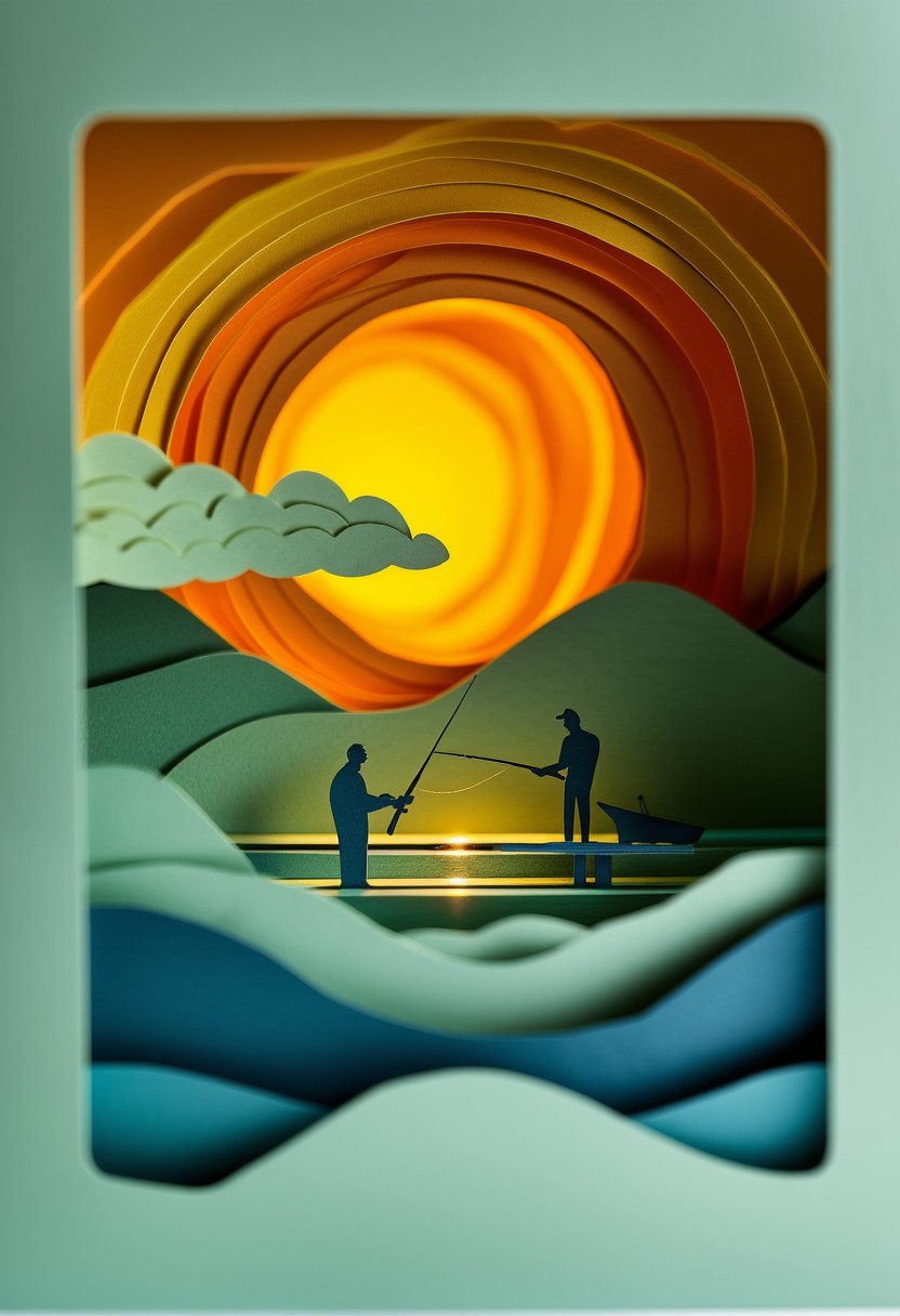 Father Son Sunset — Father's Day cut-paper-style greeting card