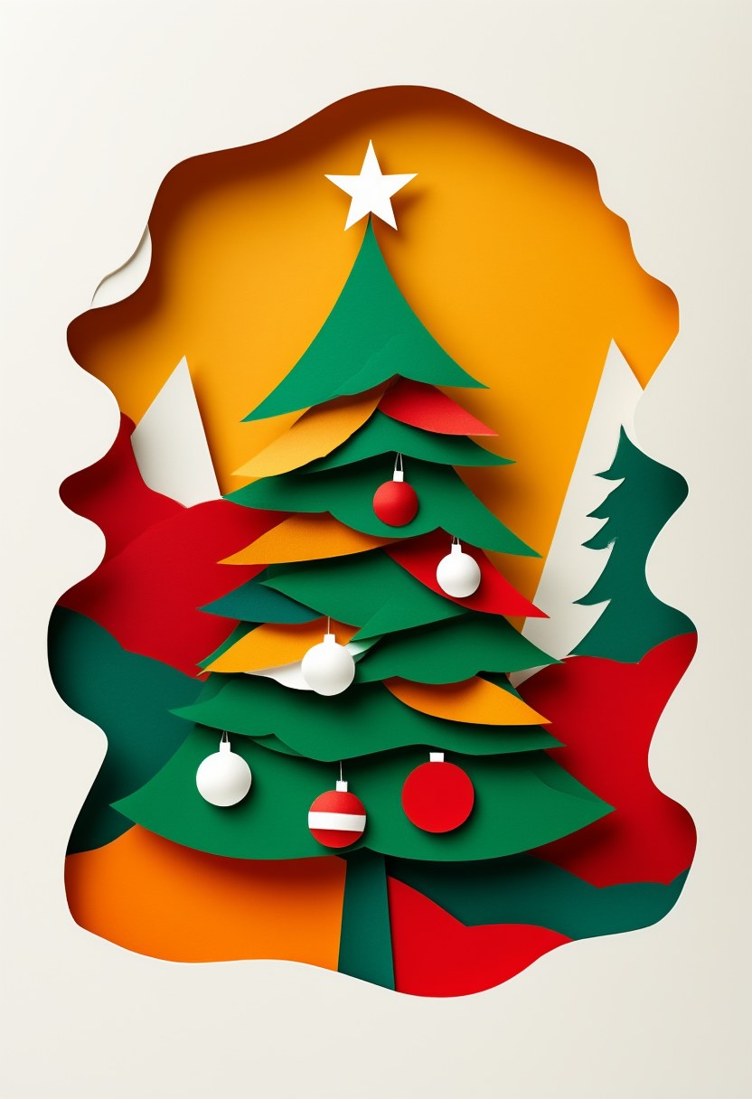 Festive Evergreen Celebration — Christmas cut-paper-style greeting card