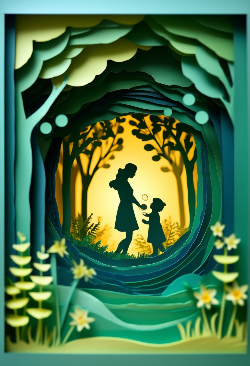 Forest Light Embrace — Mother's Day cut-paper-style greeting card