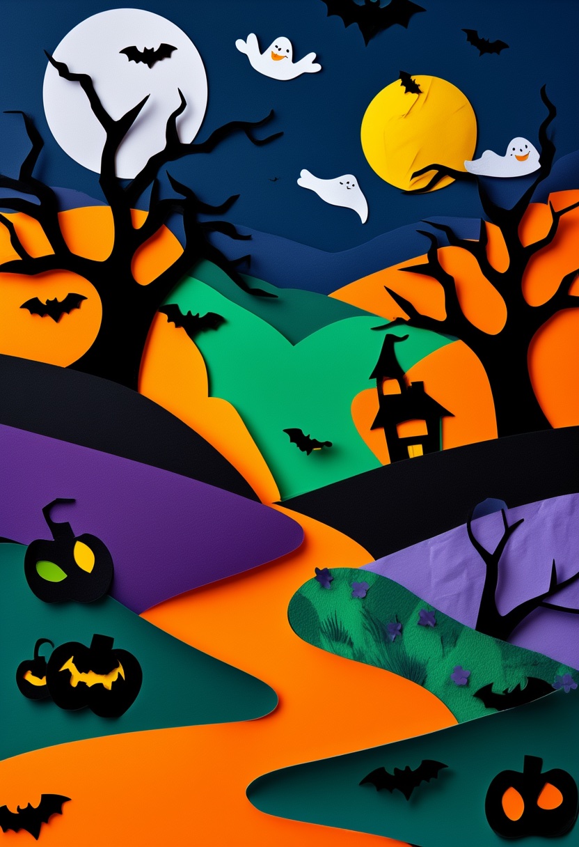 Halloween Night Road — Halloween cut-paper-style greeting card