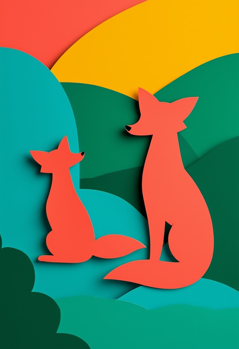Layered Paper Foxes Embrace