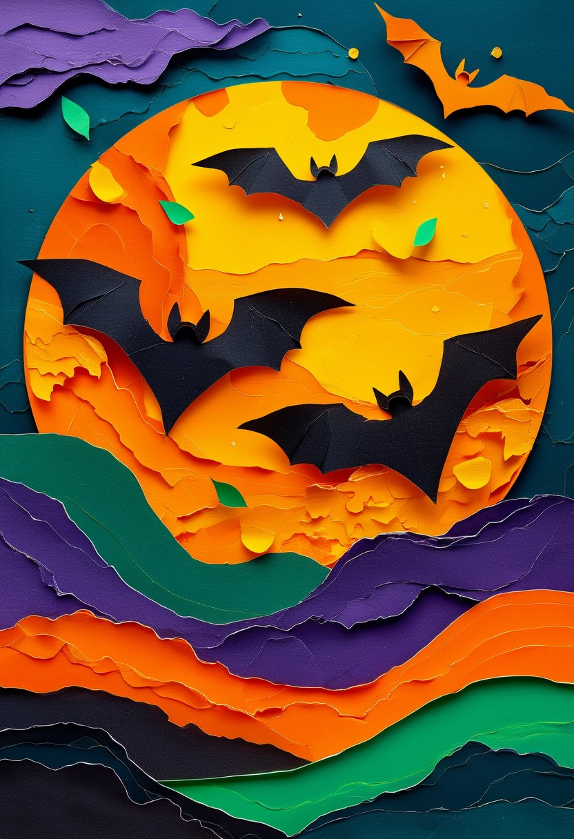 Midnight Bat Flight Fiesta — Halloween cut-paper-style greeting card