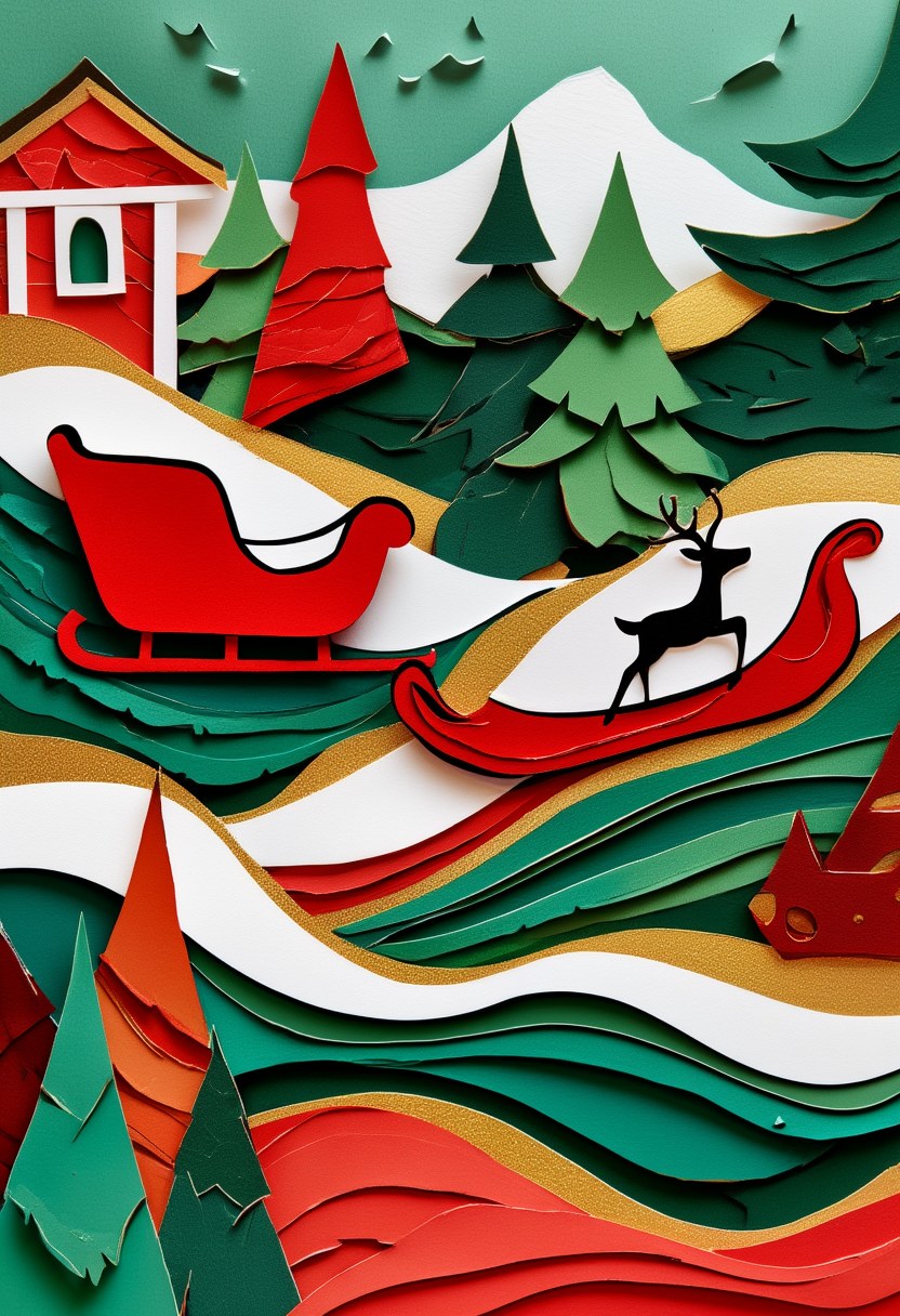 Midnight Sleigh Ride Journey — Christmas cut-paper-style greeting card