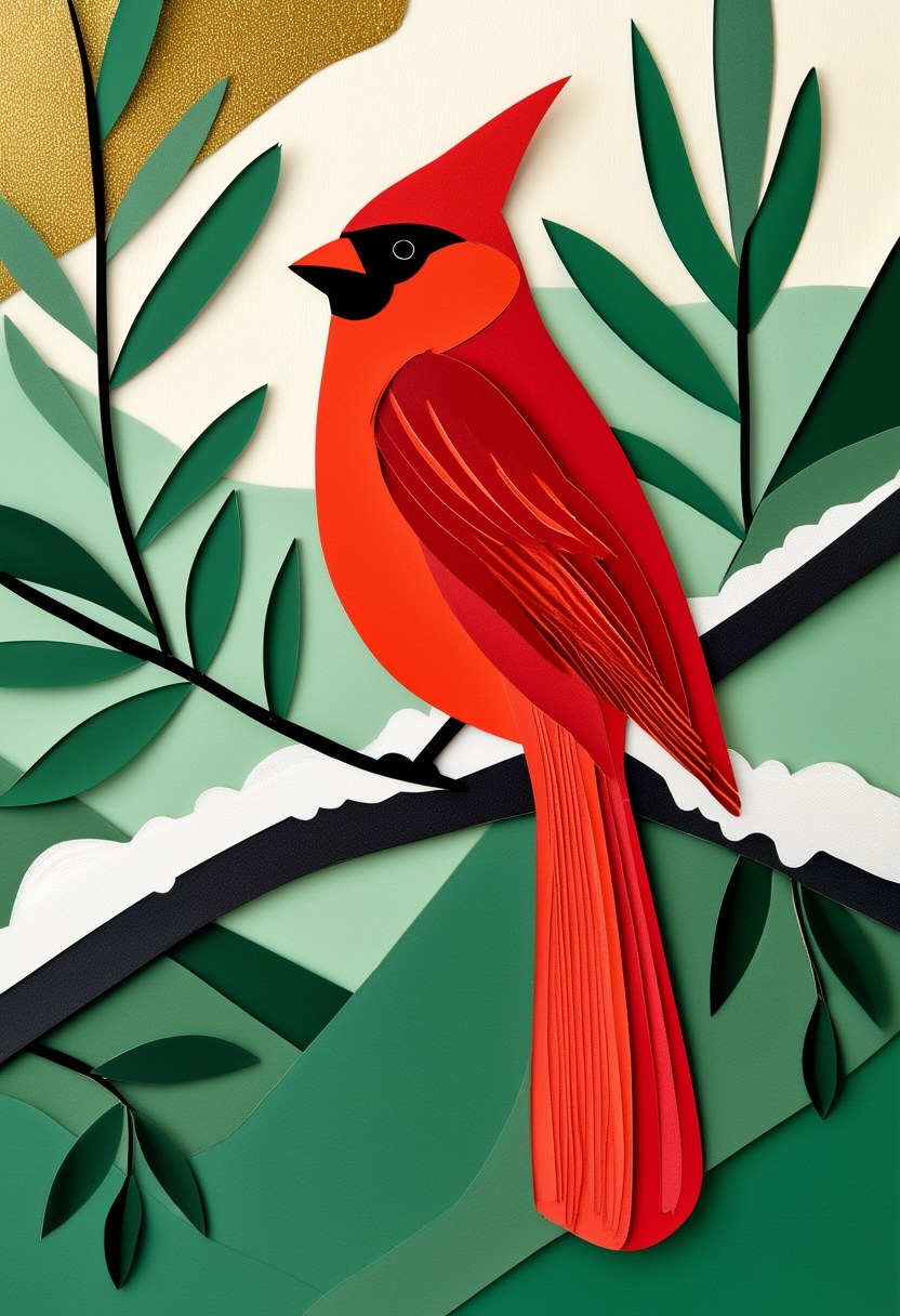Cardinal on a Snowy Branch — Christmas cut-paper-style greeting card