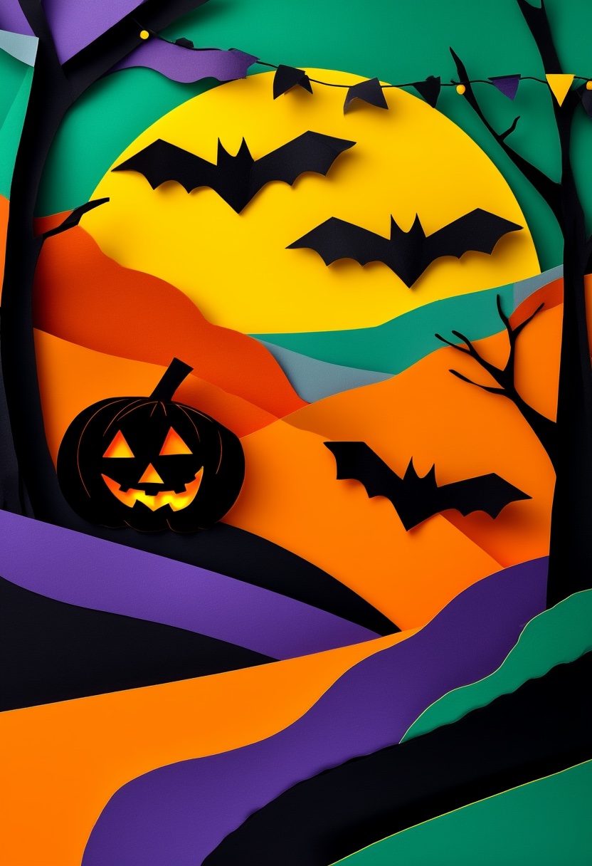 Moonlit Bat Flight — Halloween cut-paper-style greeting card