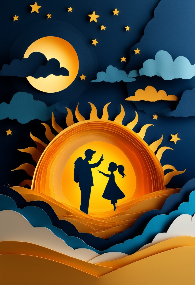 Moonlit Family Silhouette — Father's Day cut-paper-style greeting card