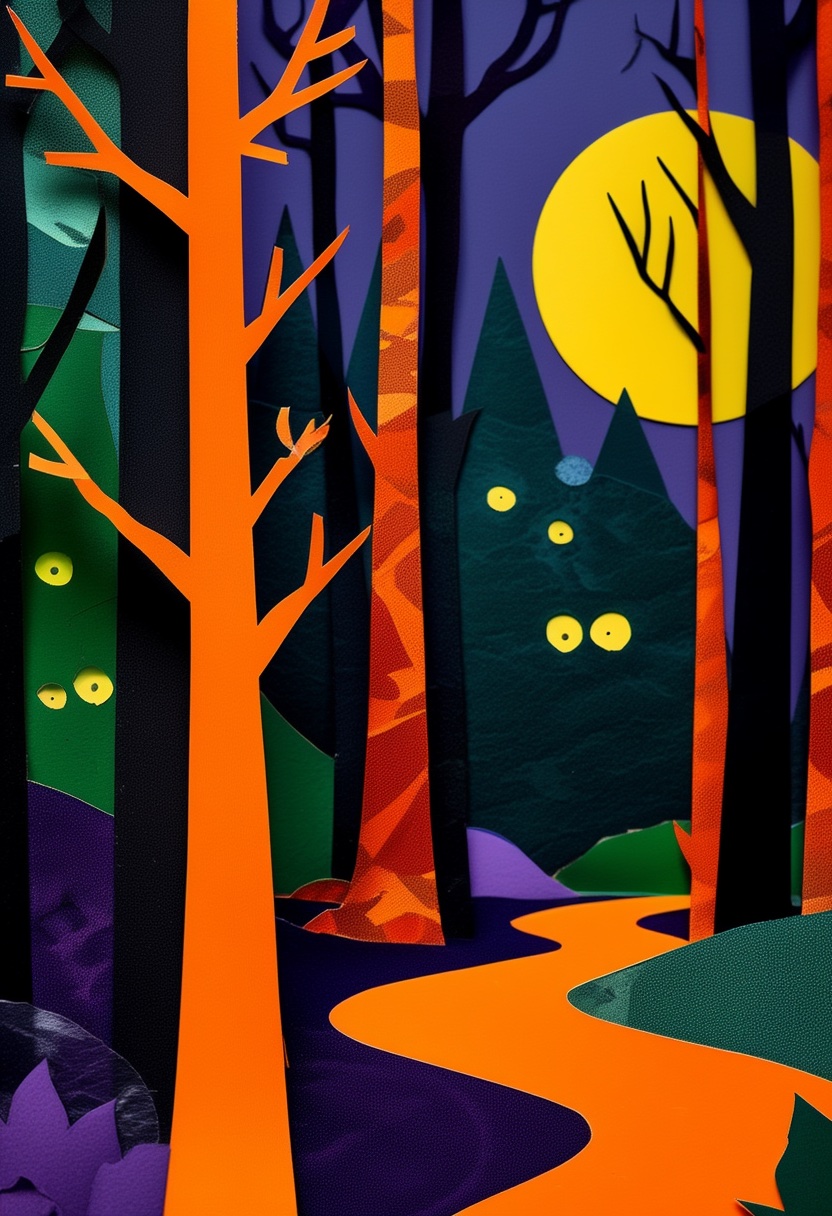 Moonlit Forest Path — Halloween cut-paper-style greeting card
