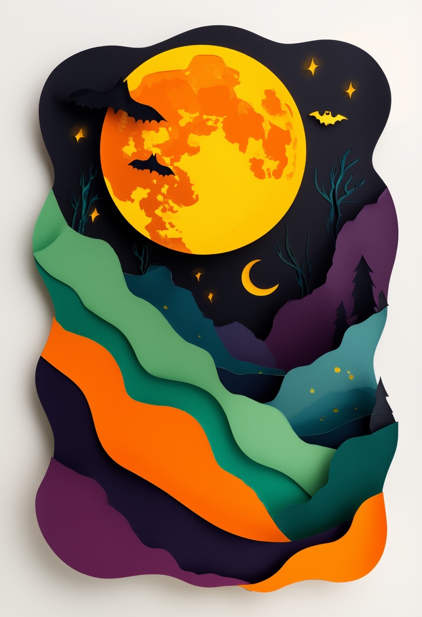 Moonlit Paper Landscape — Halloween cut-paper-style greeting card