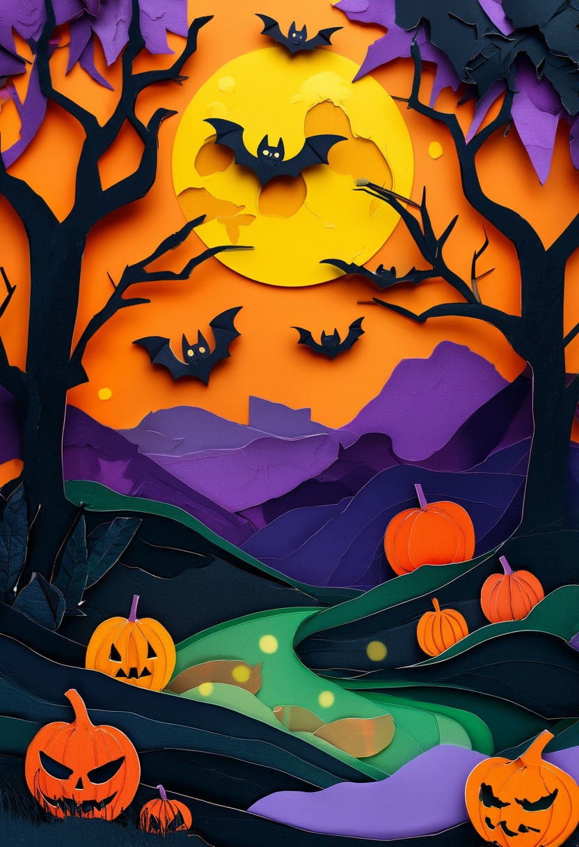 Moonlit Pumpkins & Bats — Halloween cut-paper-style greeting card