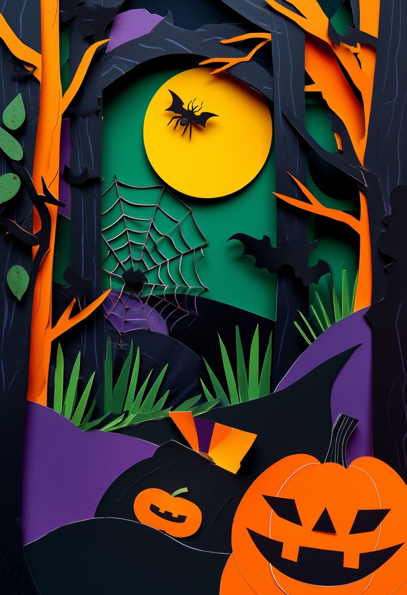 Moonlit Spider Web Halloween — Halloween cut-paper-style greeting card