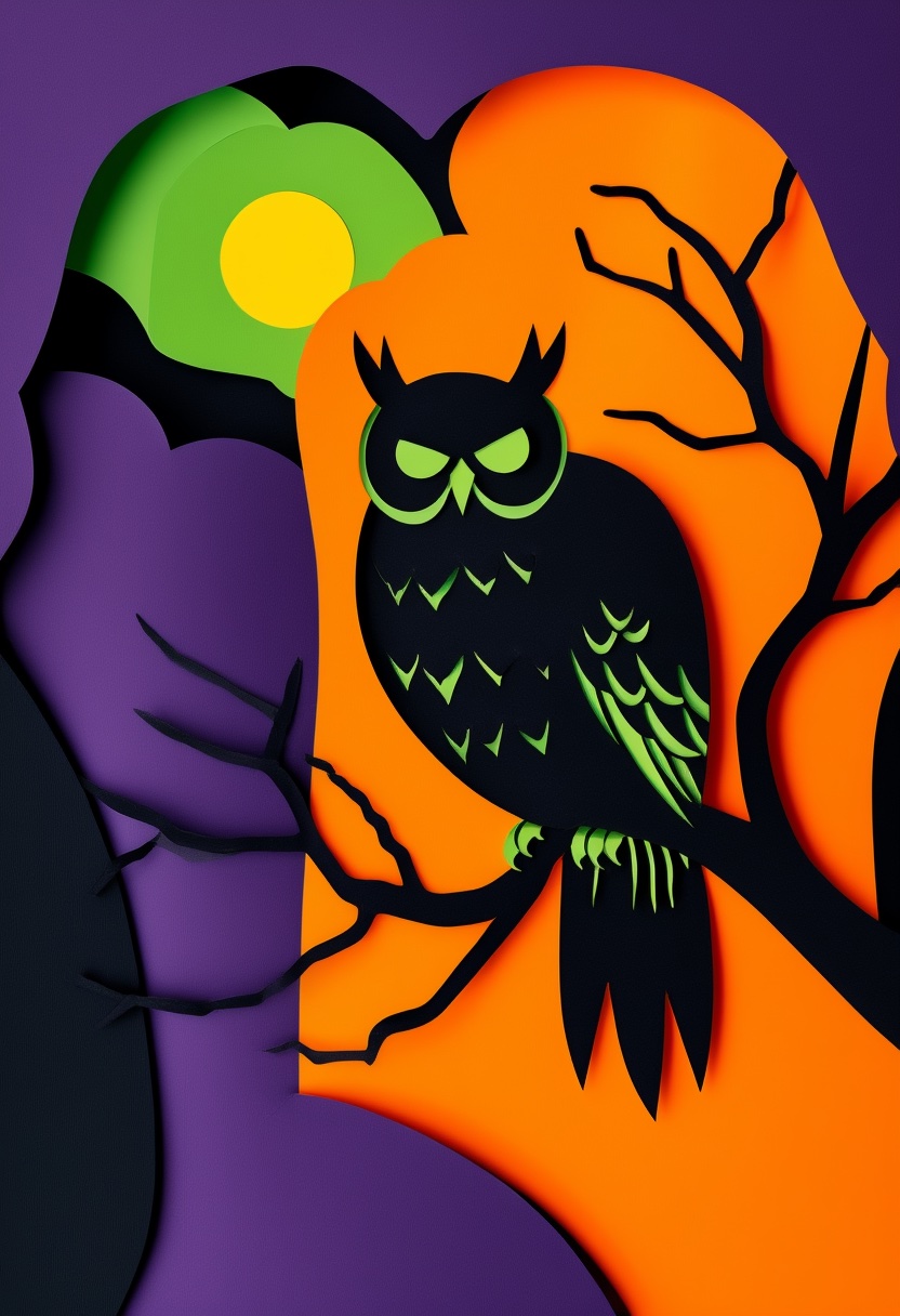 Owl Moonlit Night — Halloween cut-paper-style greeting card