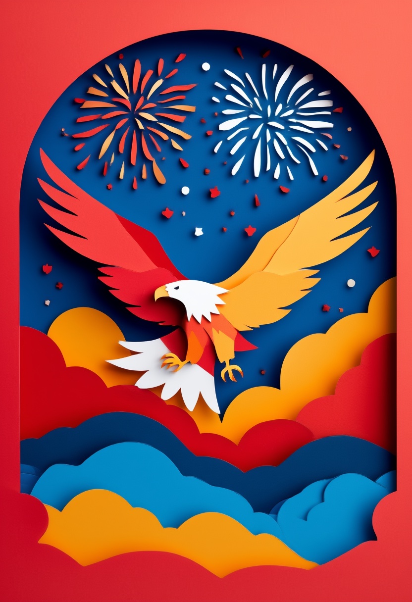 Paper Cut Bald Eagle Soaring — Independence Day cut-paper-style greeting card