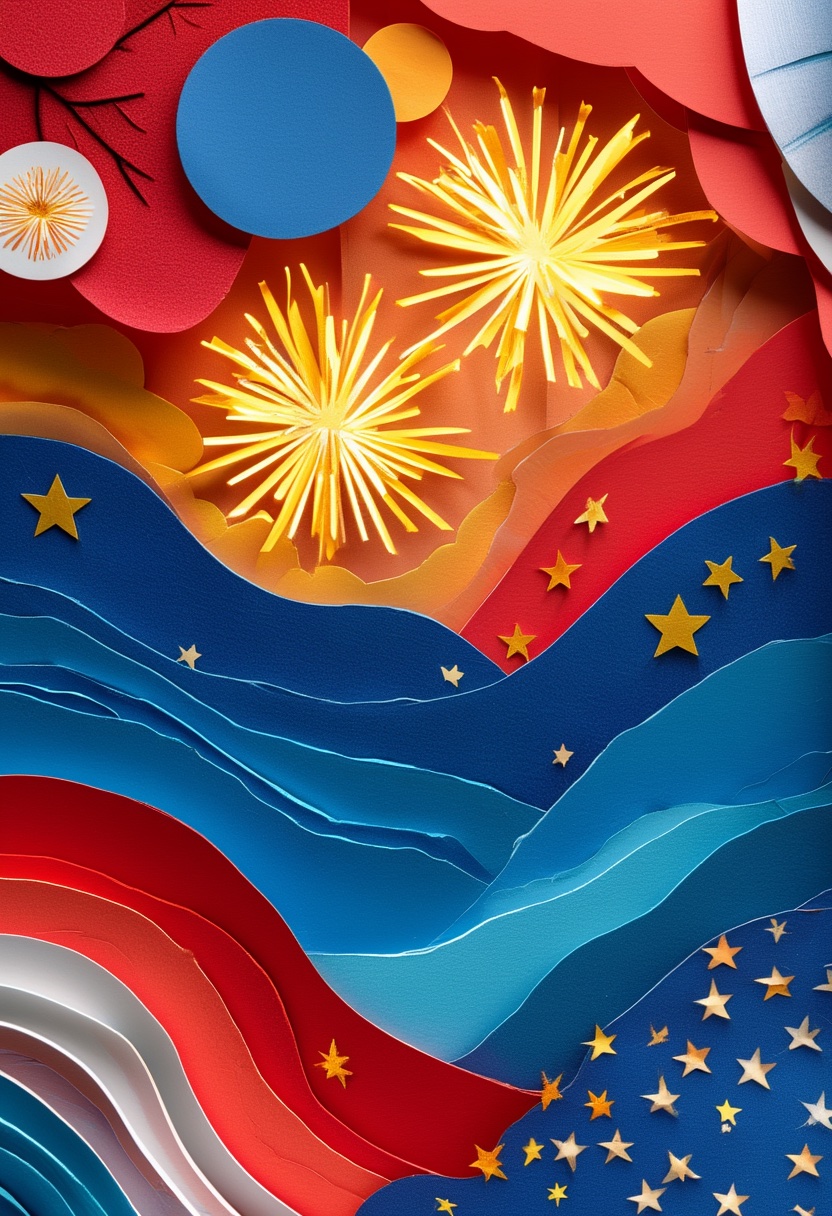 Paper-Cut Fireworks Celebration — Independence Day cut-paper-style greeting card