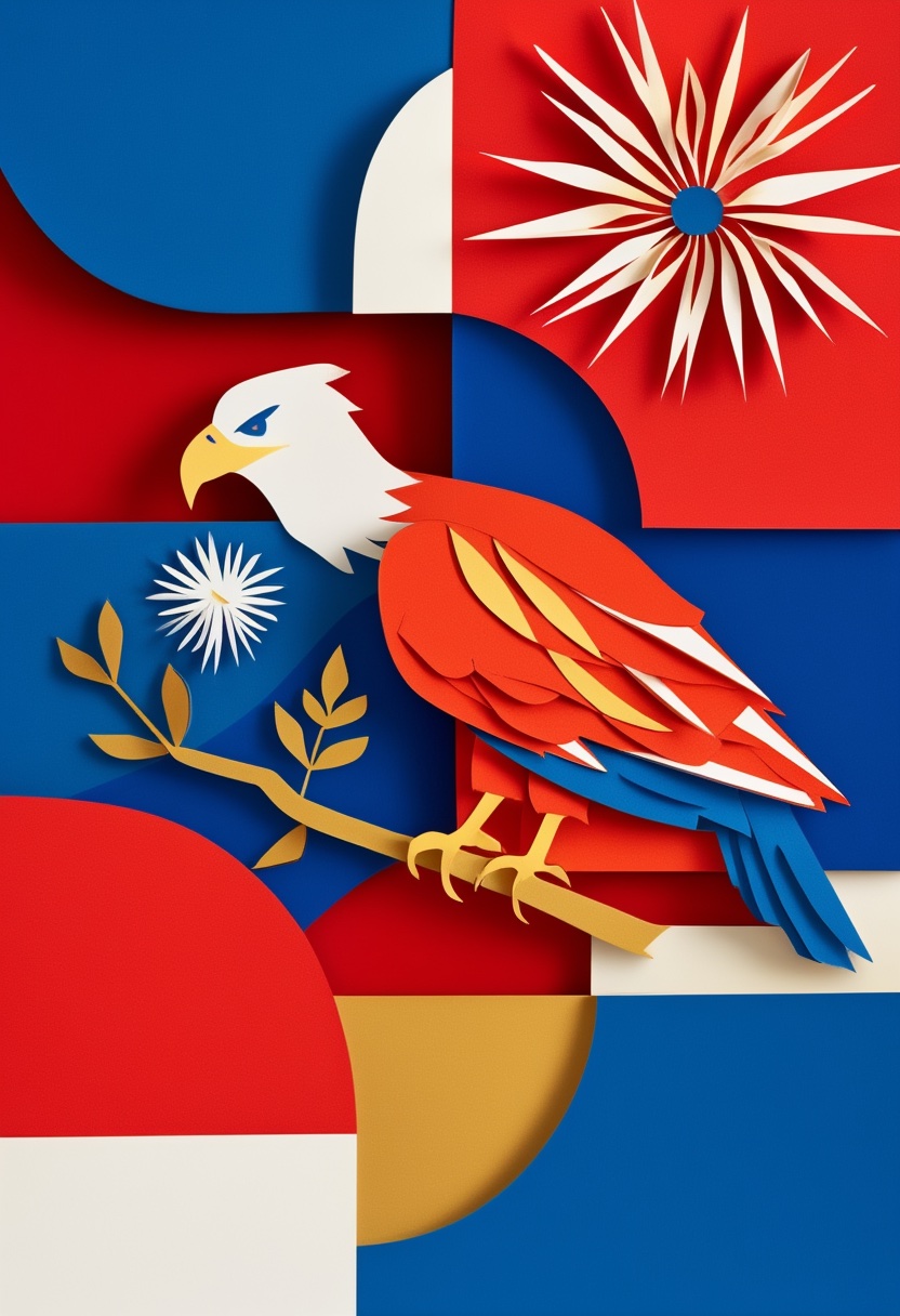 Patriotic Eagle Paper Art Perched — Independence Day cut-paper-style greeting card