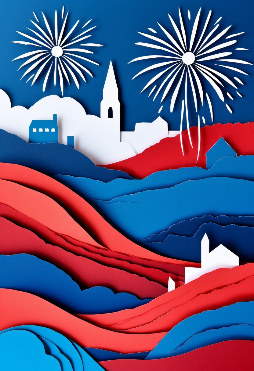 Patriotic Fireworks Celebration — Independence Day cut-paper-style greeting card