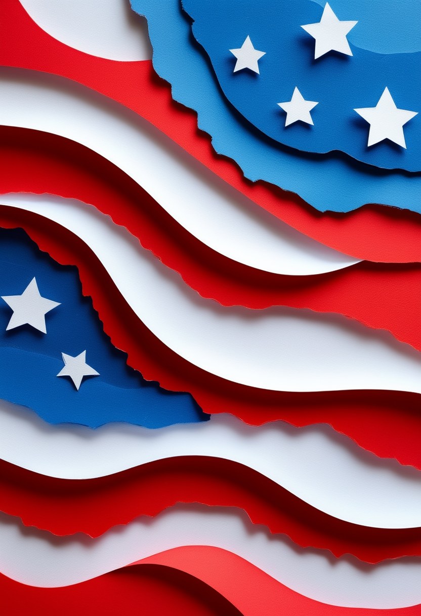 Patriotic Rippling Flag — Independence Day cut-paper-style greeting card
