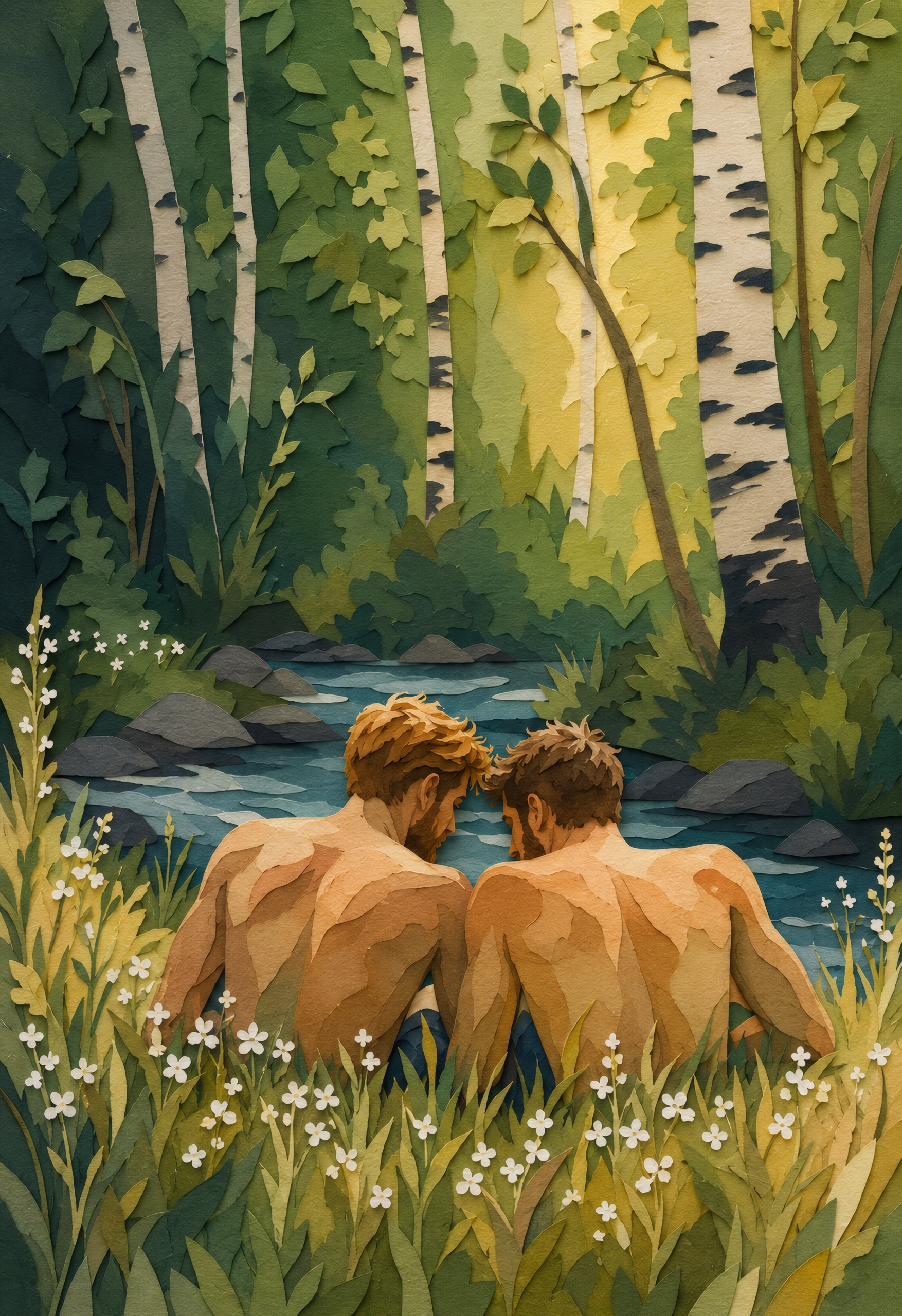 Riverside Calm — Pride cut-paper-style greeting card