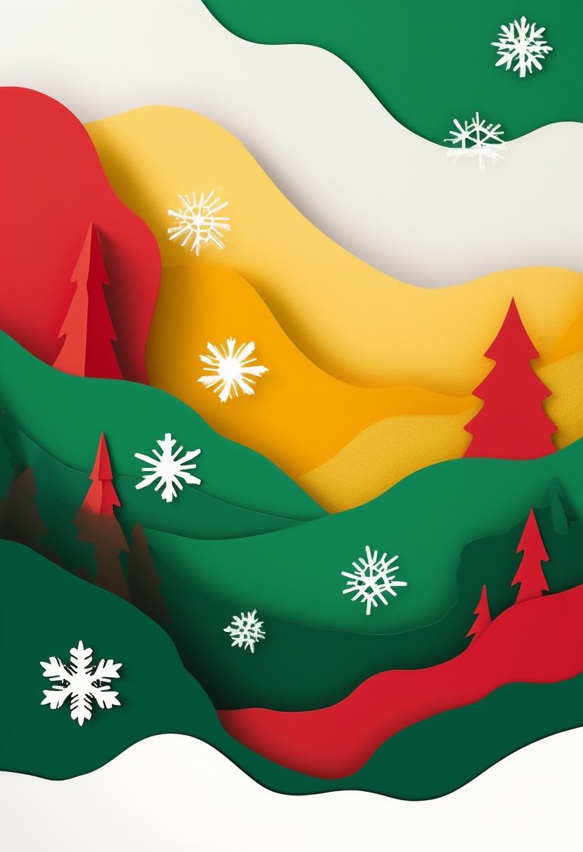 Snowflake-Laden Forest Hillscape — Christmas cut-paper-style greeting card