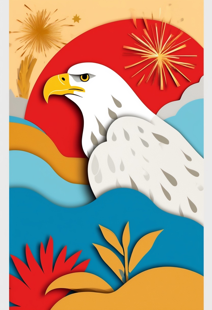 Soaring Eagle Red Sunset — Independence Day cut-paper-style greeting card