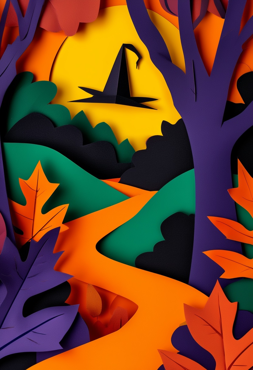 Spooky Autumn Pathway — Halloween cut-paper-style greeting card