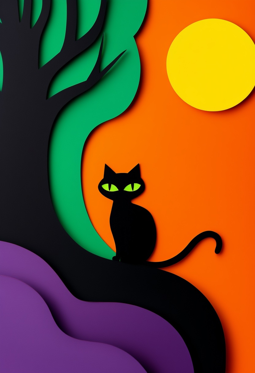Spooky Cat Night — Halloween cut-paper-style greeting card