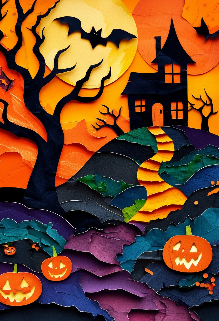 Spooky Haunted Moonlit Night — Halloween cut-paper-style greeting card