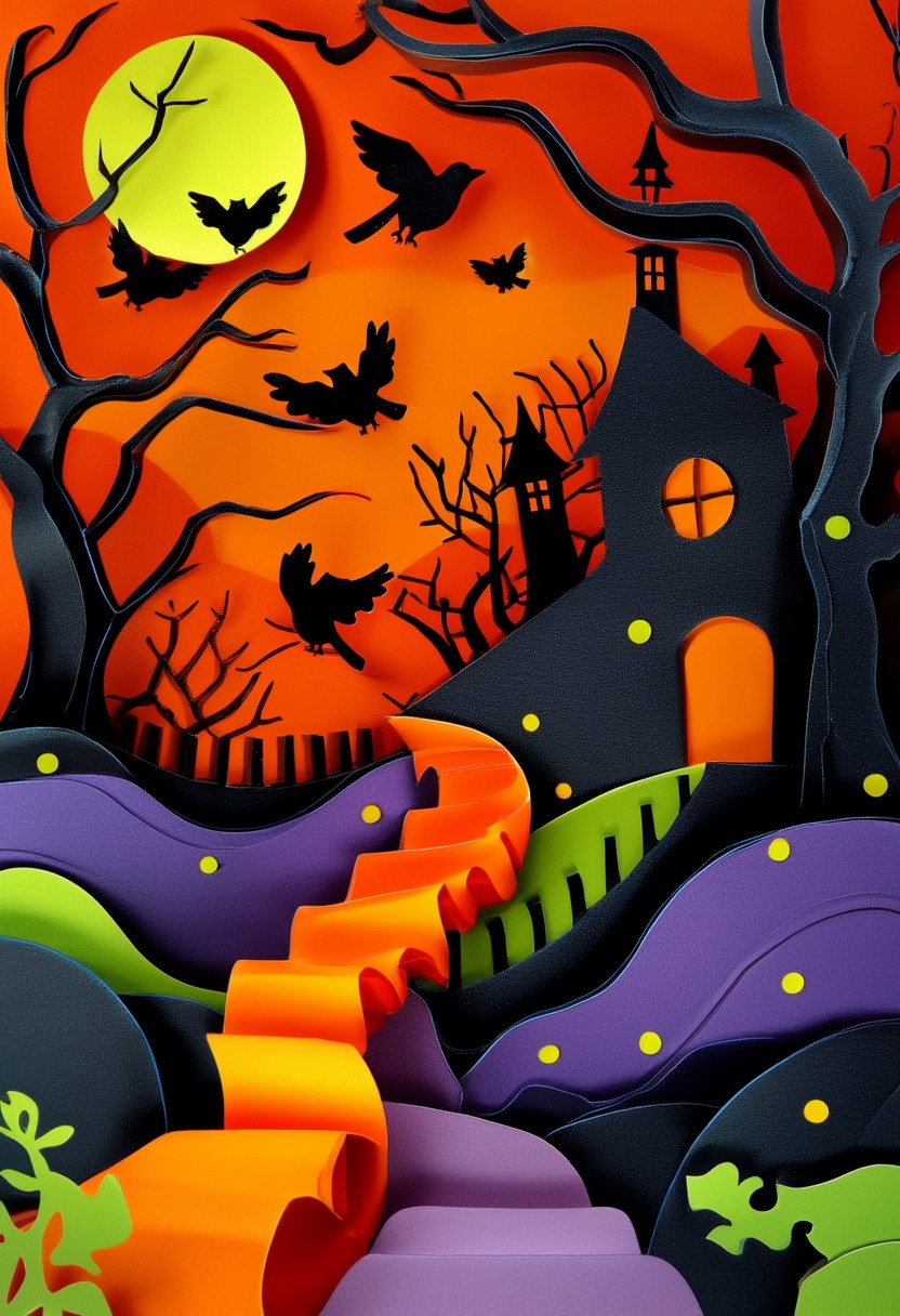 Spooky Paper Moon Manor — Halloween cut-paper-style greeting card