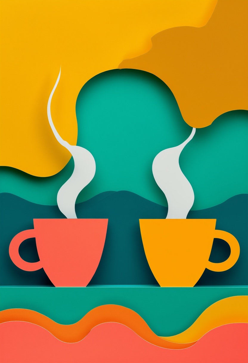 Steaming Mugs in Colorful Layers