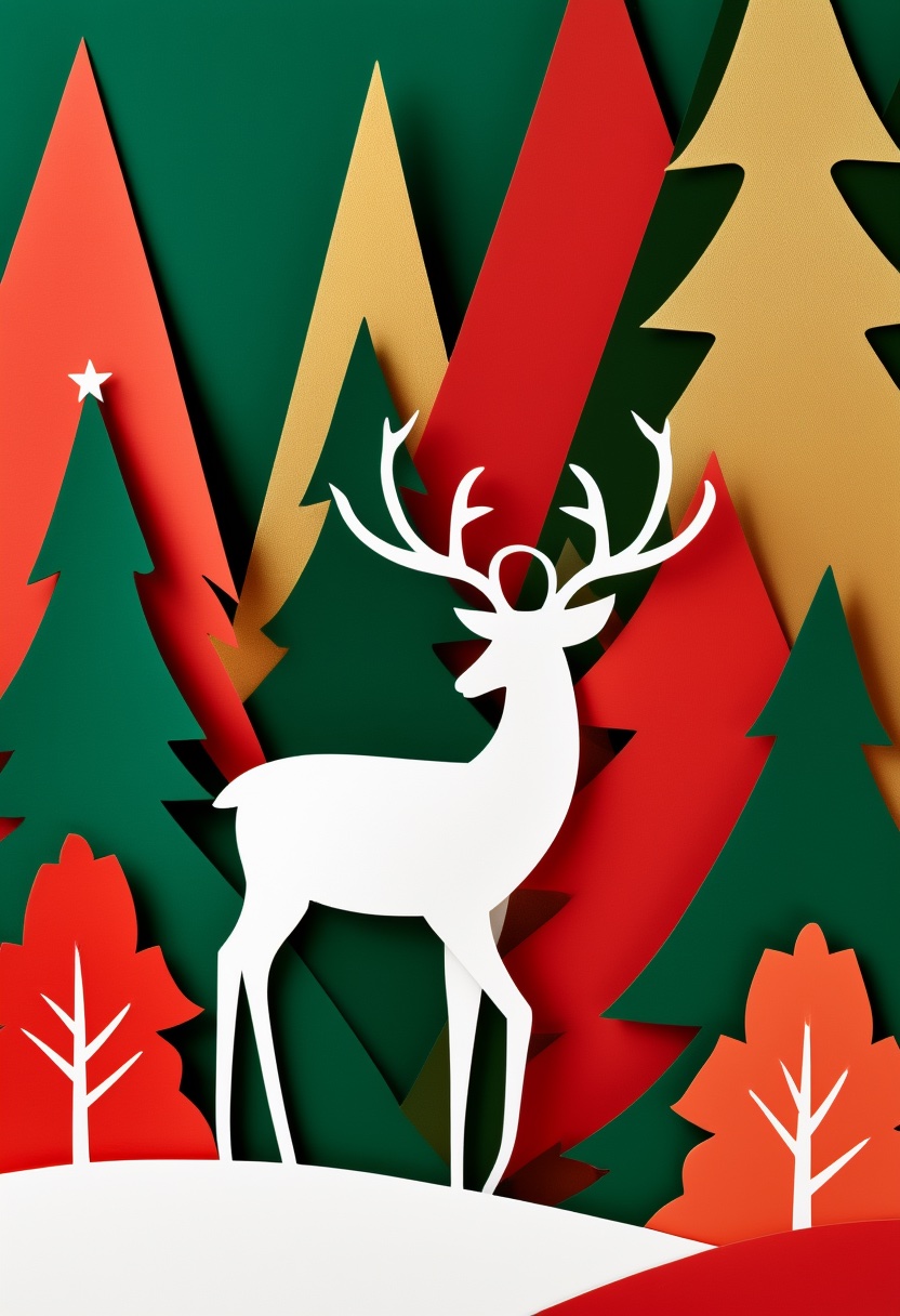 Stylized Reindeer Among Snowy Pines