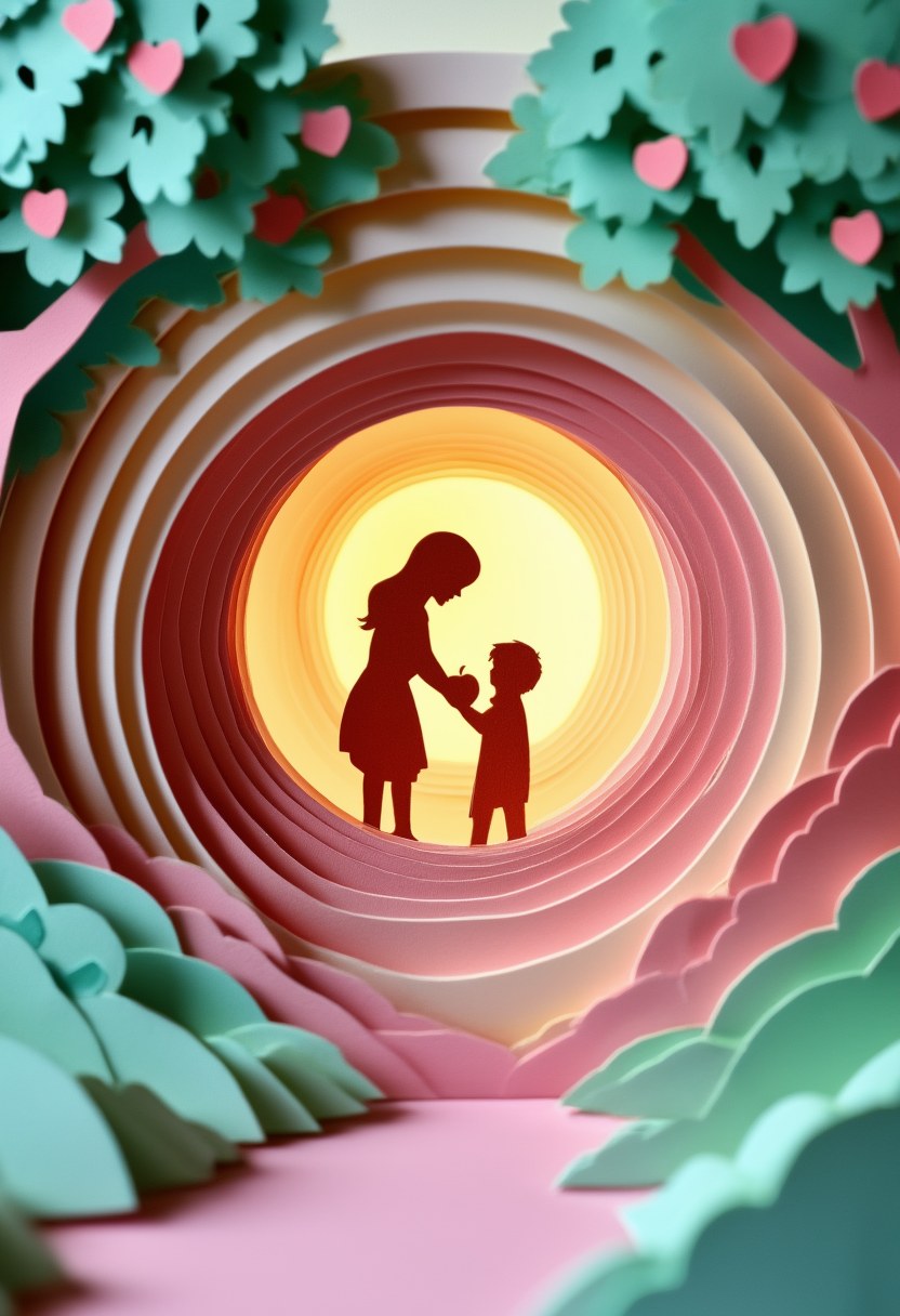 Sunlit Motherly Embrace — Mother's Day cut-paper-style greeting card