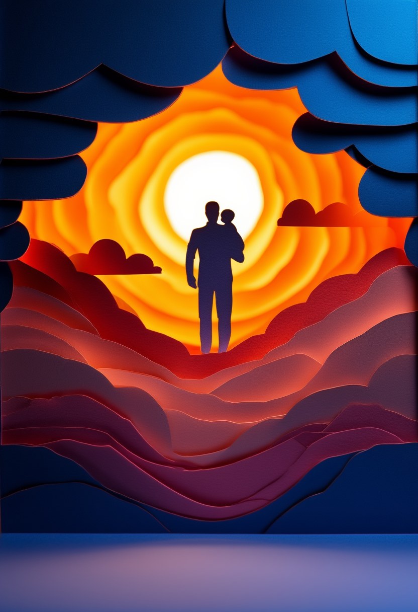 Sunset Family Silhouette — Father's Day cut-paper-style greeting card