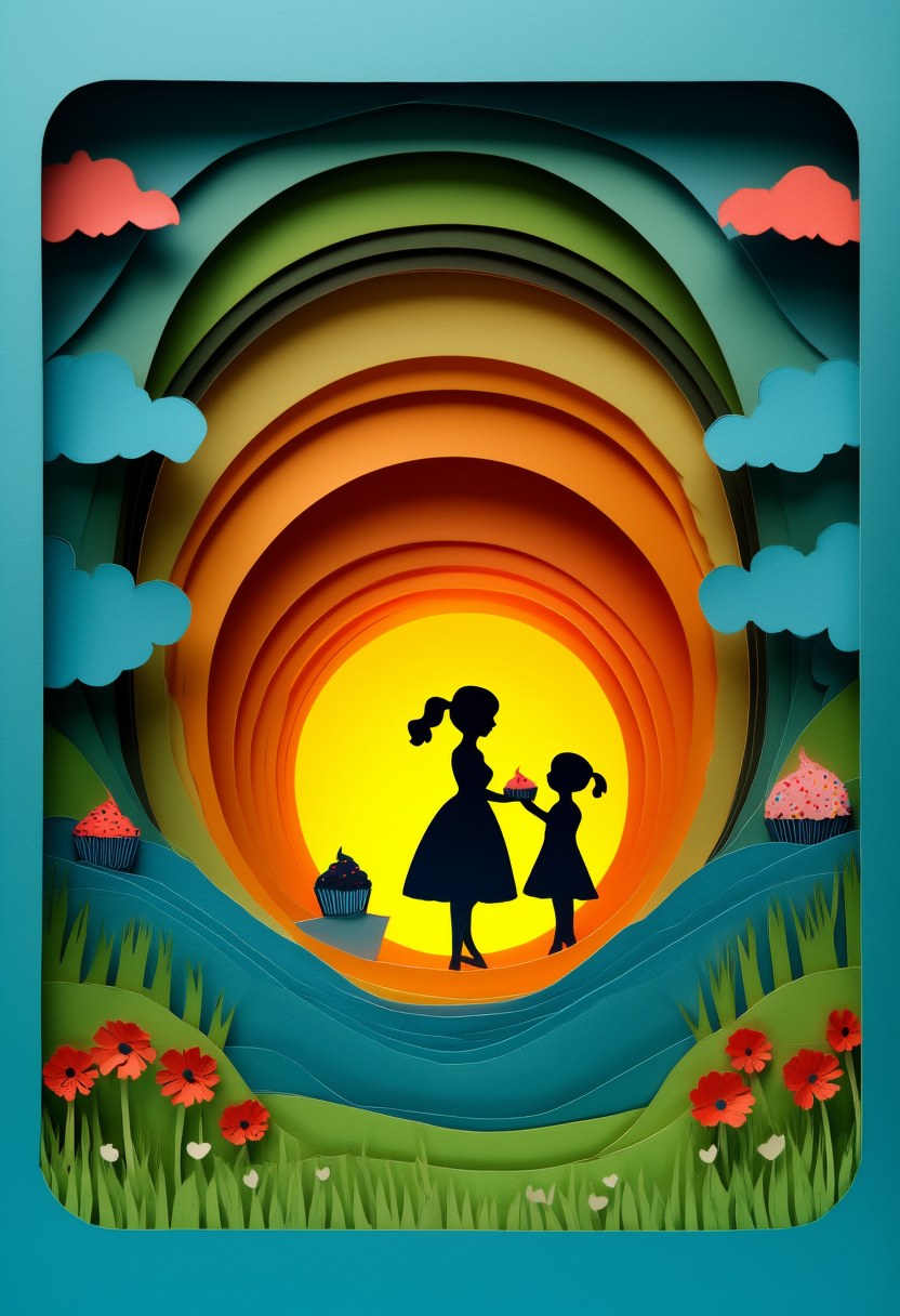 Sunset Mother Daughter — Mother's Day cut-paper-style greeting card