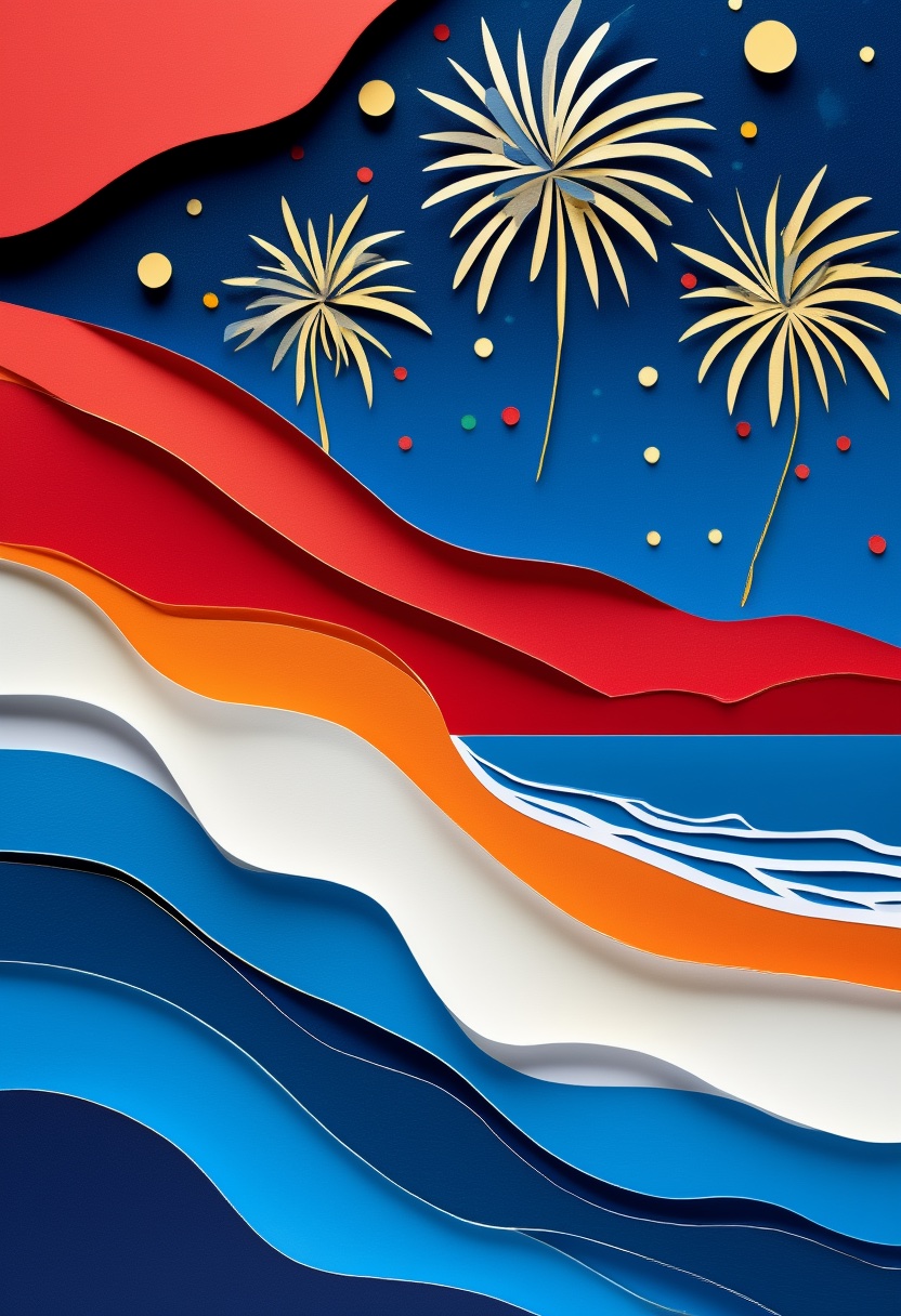 Tropical Sunset Palm Silhouettes — Independence Day cut-paper-style greeting card