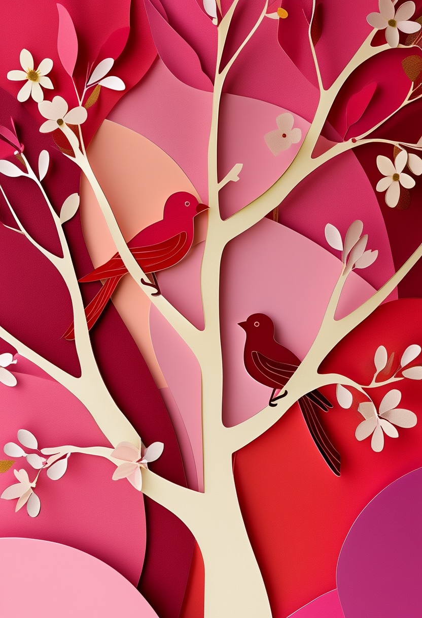 Valentine's Day Lovebirds in Blossoming Pink Tree