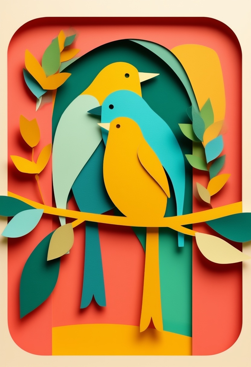 Vibrant Cut-Paper Birds Embrace
