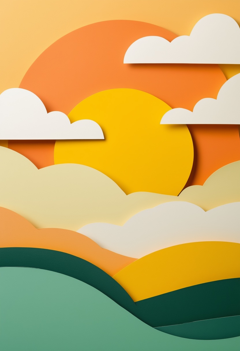 Vibrant Cut-Paper Sunset Over Green Hills