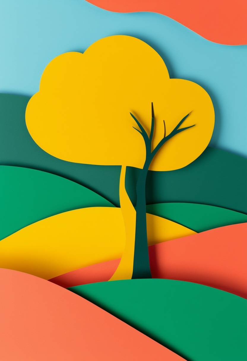 Vibrant Cut-Paper Tree in Windy Meadow