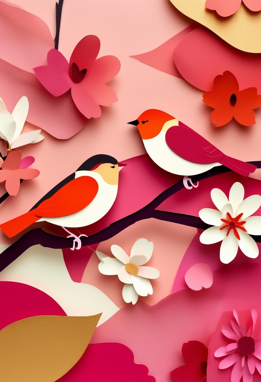 Vibrant Paper Birds Amidst Floral Layers